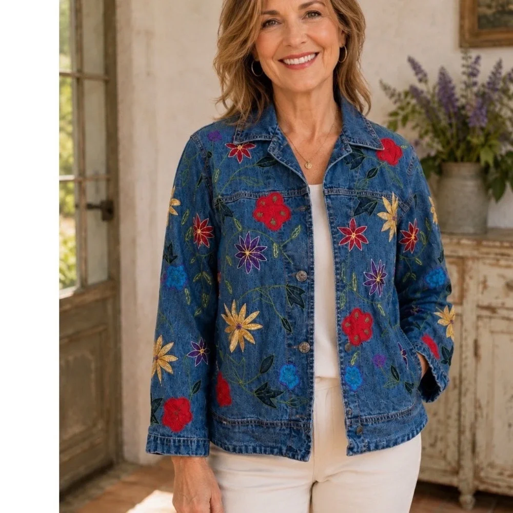 Embroidered Denim Jacket Chicos‎ Design Floral Cottagecore peasant